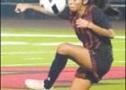 Mexia’s Natali Zamarripa, tries to control the ball during a match against Manor New Tech at Blackcat Field on Friday night. More photos published at www.themexianews.com . Photo by Arthur DeVitalis/ The Mexia News